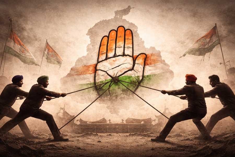 Cracked Congress hand symbol showing internal factional conflict in Punjab