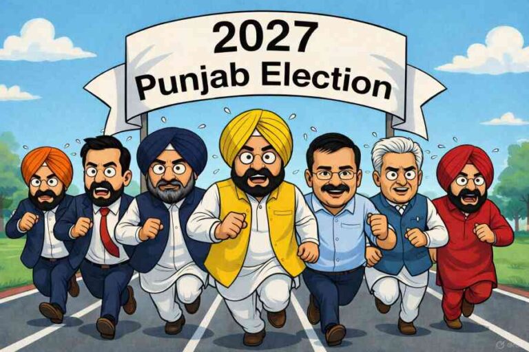 Punjab election 2027 caricature showing major party leaders racing toward power