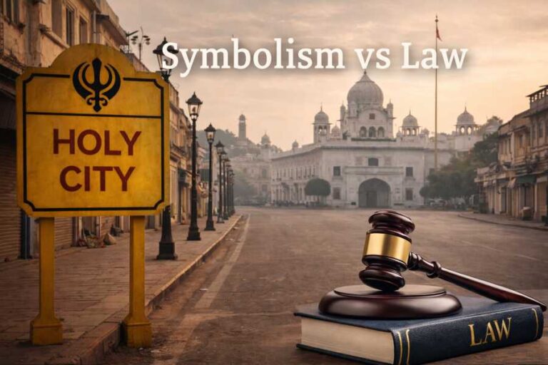 Illustration showing a ‘Holy City’ sign, a gavel, and a law book against a Sikh gurdwara backdrop, symbolising law versus religious symbolism.