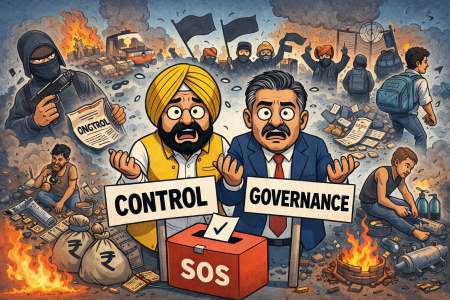 Caricature illustrating Punjab’s demand for control and functional governance