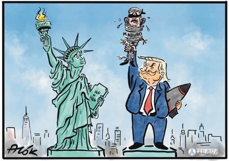 Political cartoon showing Donald Trump holding Nicolás Maduro aloft beside the Statue of Liberty, symbolising US power politics