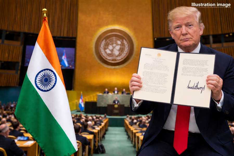 Illustration showing Donald Trump, UN General Assembly, and India context