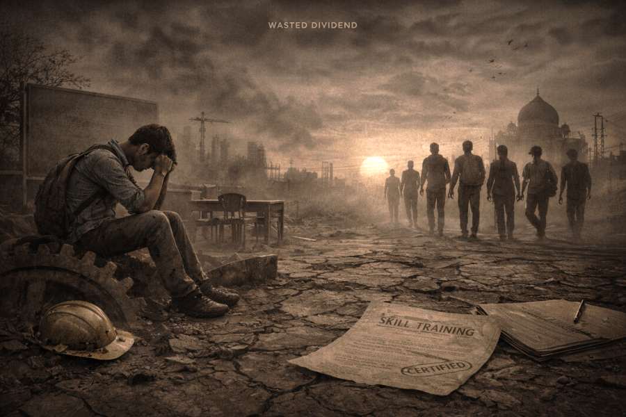 Wasted dividend concept showing an unemployed young man amid abandoned skill training materials and a bleak urban landscape