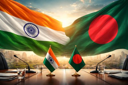 India and Bangladesh flags at diplomatic table