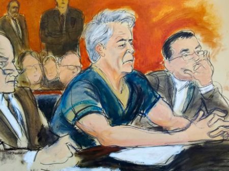 Courtroom sketch of Jeffrey Epstein during federal proceedings