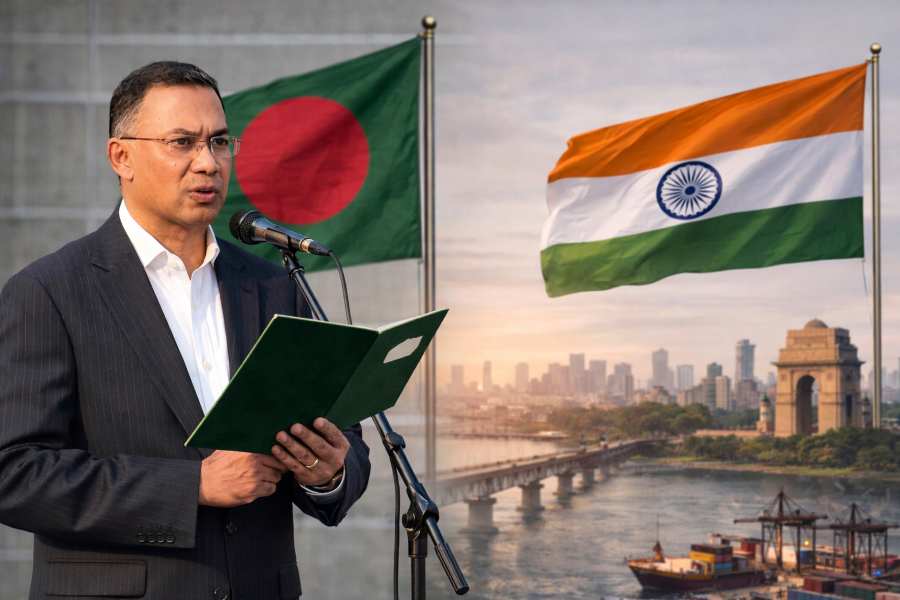 Tarique Rahman oath ceremony with Bangladesh and India flags