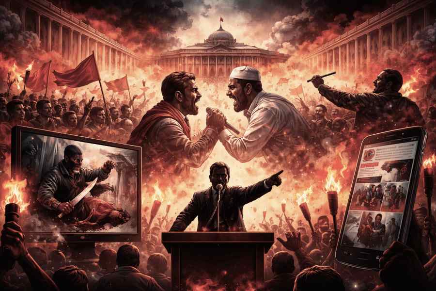 Illustration showing violence, political rhetoric and social media fueling communal conflict.