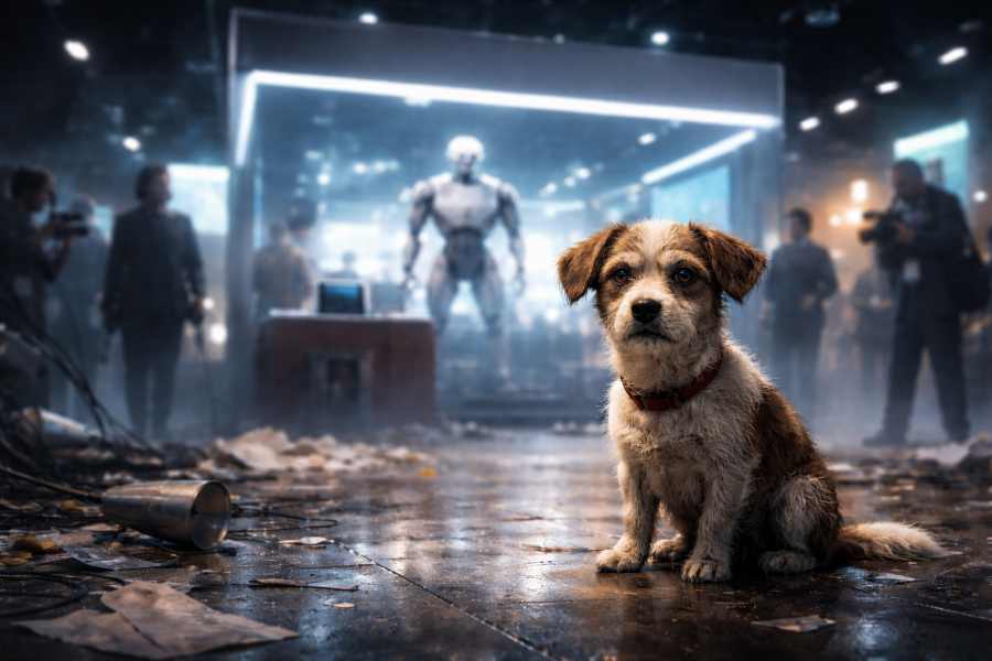 Sad stray dog in a futuristic AI exhibition hall with humanoid robot in background