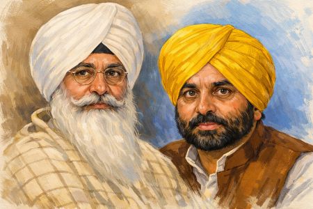 Painted portrait of Bhagwant Mann and Gurinder Singh Dhillon.
