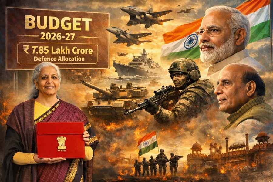 Budget 2026-27 defence allocation graphic showing ₹7.85 lakh crore