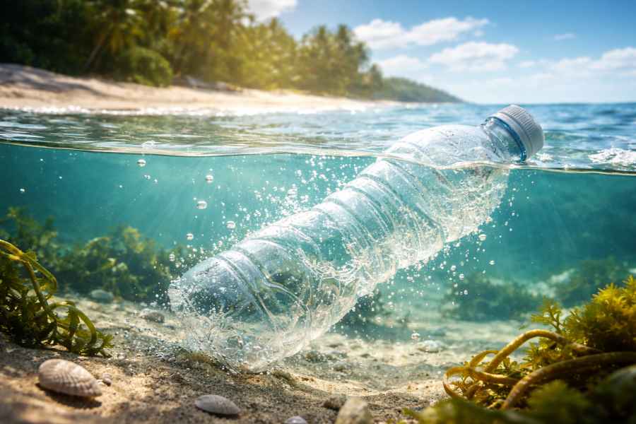 Seawater-dissolving biodegradable bottle breaking down underwater near a beach