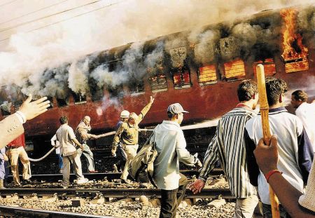 Aftermath of the Sabarmati Express burning at Godhra in 2002.