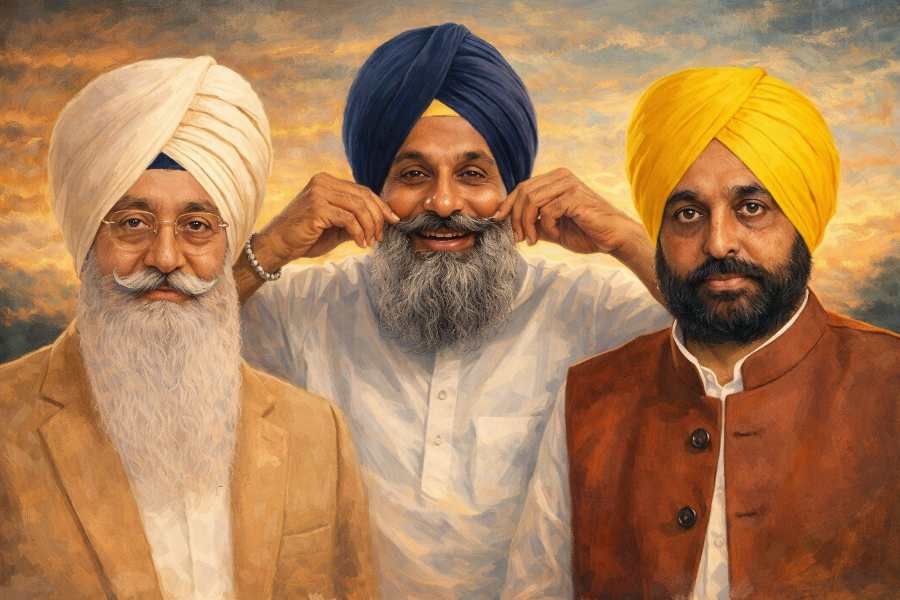 Gurinder Singh Dhillon, Bikram Singh Majithia and Bhagwant Mann in a symbolic political context.