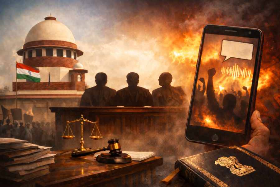Supreme Court bench with smartphone symbolising spread of hate speech