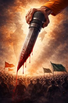 Bloodstained microphone over crowd illustration