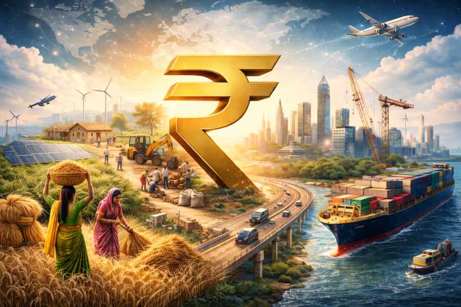 India Budget 2026–27 illustration showing infrastructure growth, trade and rural employment