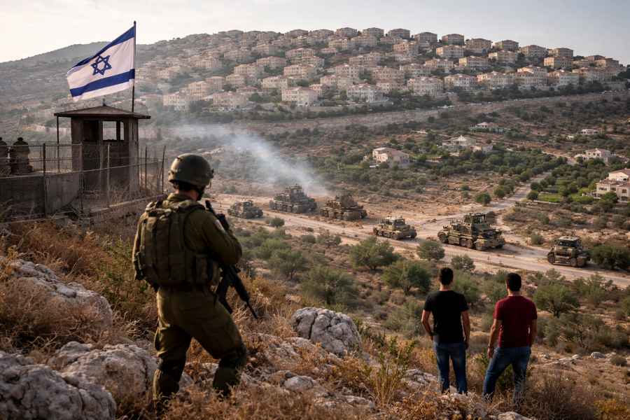 Israeli settlement overlooking West Bank amid military presence