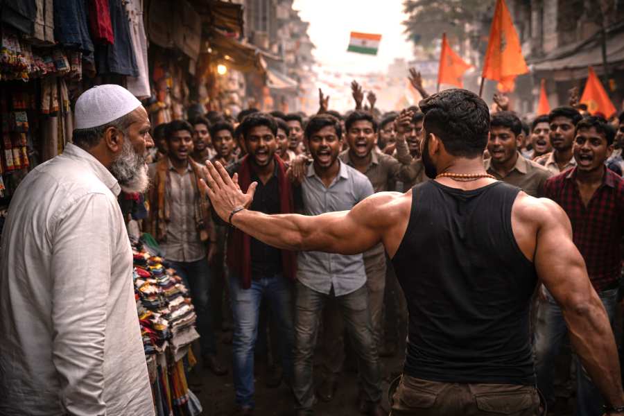 Man stands between shopkeeper and angry crowd in Kotdwar market