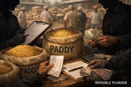 Hands exchanging cash and documents beside paddy sacks in a mandi