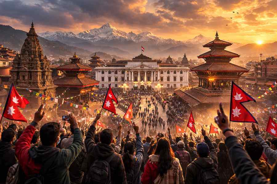 Crowd with Nepal flags during a political gathering in Kathmandu (illustrative image).
