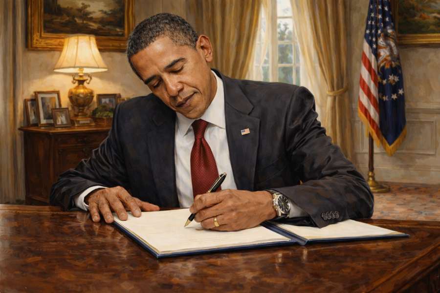 Barack Obama writing a letter at the White House desk