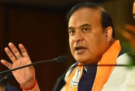 Assam Chief Minister Himanta Biswa Sarma addressing a public gathering.
