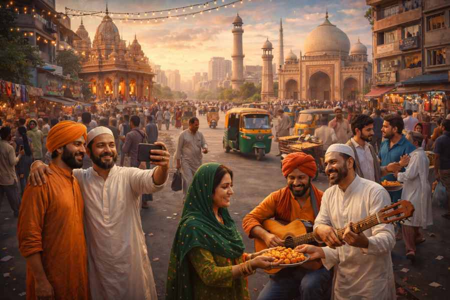 Hindu and Muslim communities celebrating together in an Indian city