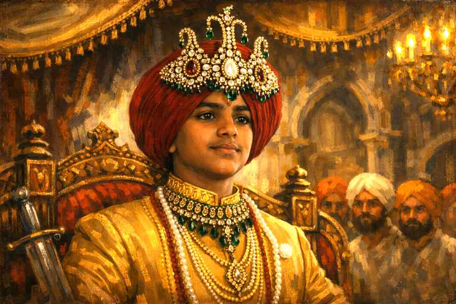 Representational painting of a ceremonial turban and kalgi in a royal setting