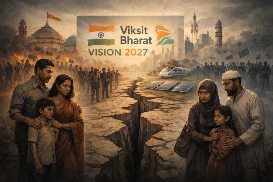 Symbolic representation of social divisions and their impact on India’s journey toward Viksit Bharat by 2047.