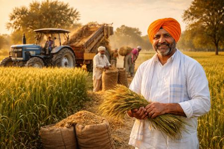 Farmers harvesting wheat in Haryana fields highlighting agriculture’s central role in the Haryana Budget 2026–27