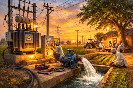 Rural electricity infrastructure powering irrigation pumps in agricultural fields reflecting farm power reforms in Haryana Budget