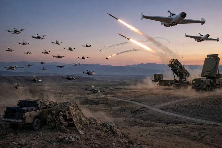 Drone swarm and missile defence interceptors illustrating the cost imbalance in modern air defence warfaresile Defence Launchers