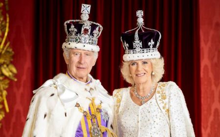 King Charles III and Queen Camilla in ceremonial attire