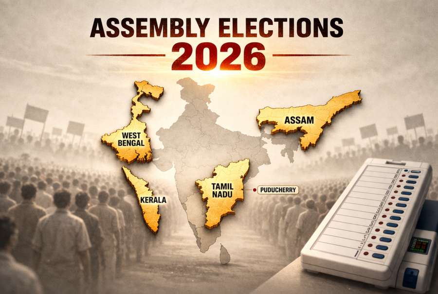 India map with key states highlighted, voters and EVM in background