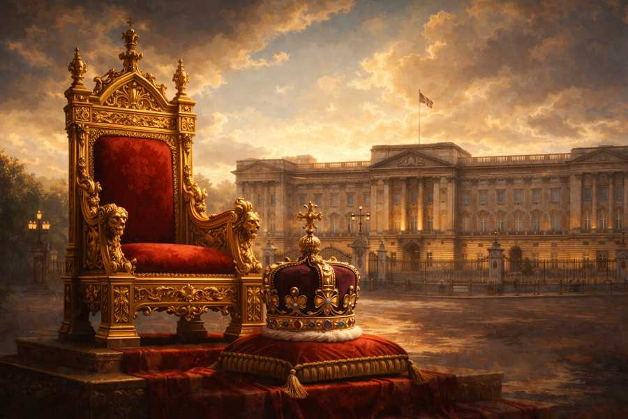 Golden throne and royal crown with Buckingham Palace in background