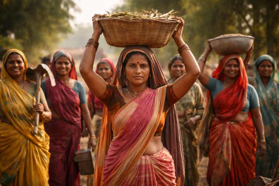 Indian women agricultural workers carrying baskets