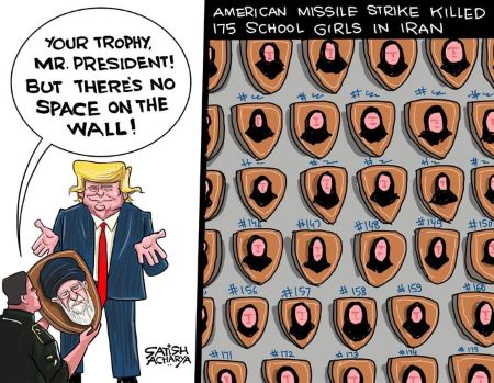 Political cartoon of Donald Trump holding a portrait of Khamenei with a grid of schoolgirls.