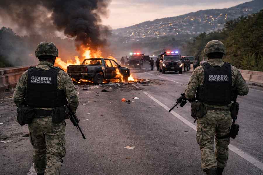 Mexican National Guard near burning vehicles after cartel violence