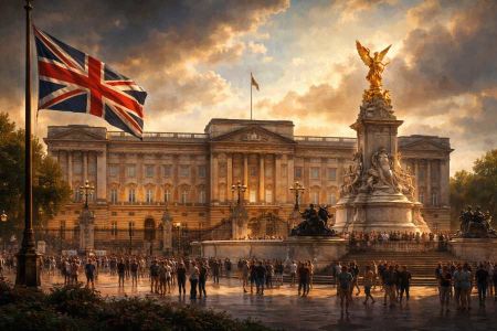 Buckingham Palace and Victoria Memorial with British flag