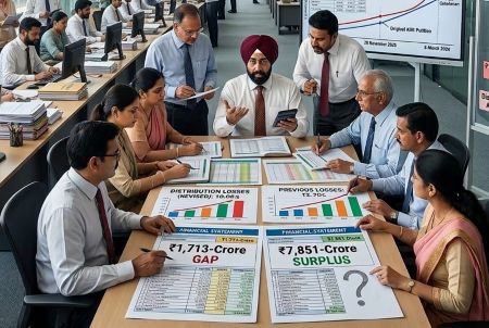 Officials reviewing PSPCL revenue gap and surplus calculations during tariff discussions.