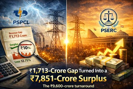 Illustration showing ₹1,713 crore gap turning into ₹7,851 crore surplus in Punjab power tariffs.