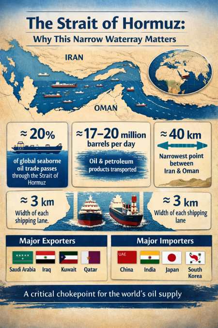 Infographic explaining the strategic importance of the Strait of Hormuz for global oil trade