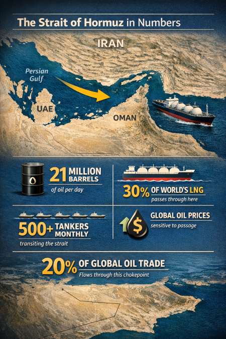 Map infographic showing oil shipments and tanker traffic through the Strait of Hormuz