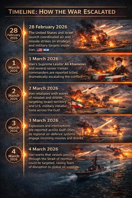 Timeline infographic showing escalation of the Iran–US–Israel conflict from Feb 28 to March 4, 2026