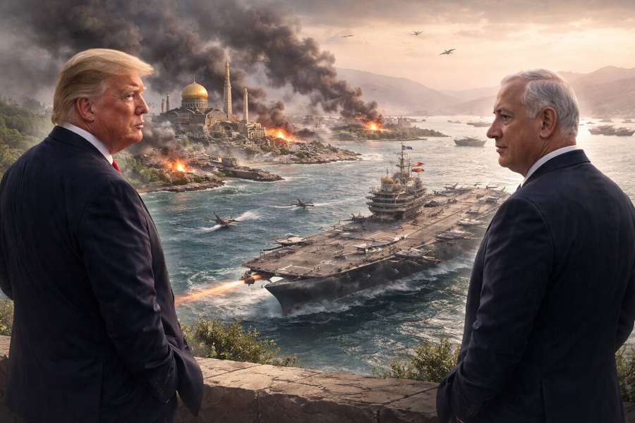 Trump and Netanyahu overlooking a war-torn coastal city with naval forces