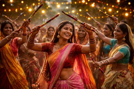 Women celebrating with dandiya dance