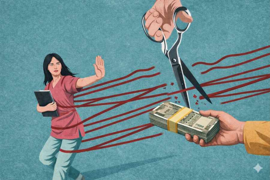 Woman rejecting cash dole and breaking free from restraints